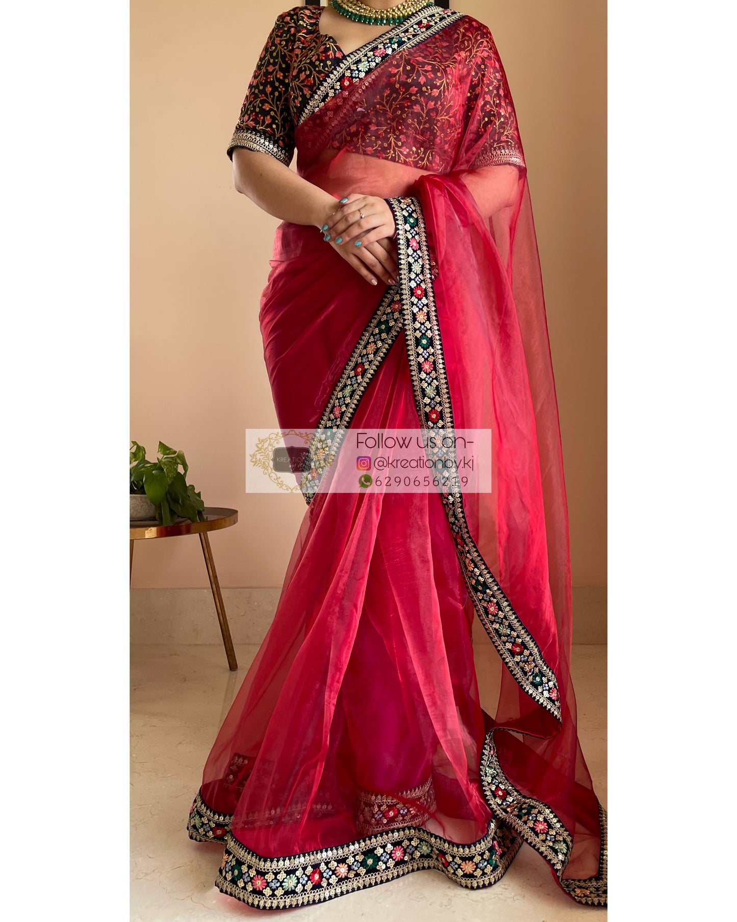 Red Glass Tissue Saree with Floral Border
