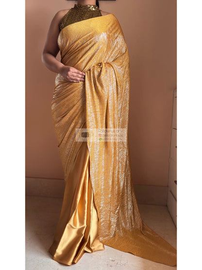 Yellow Satin Pleated Cocktail Saree