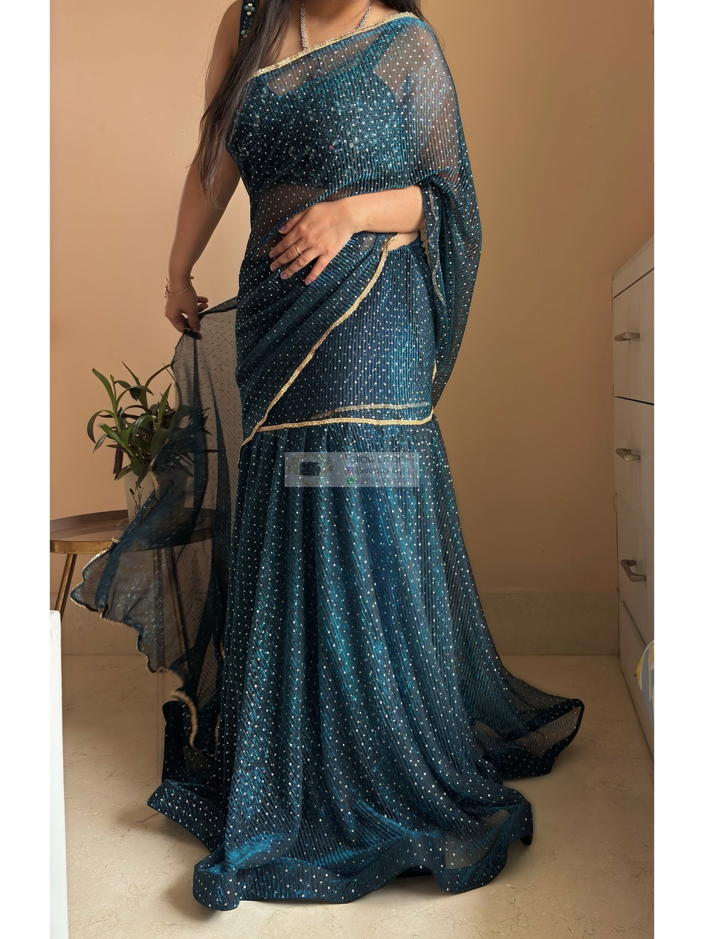 Blue Pleated Net Drape Lehenga Saree