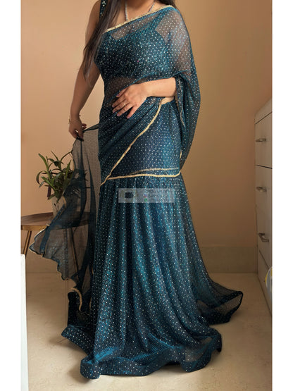 Blue Pleated Net Drape Lehenga Saree