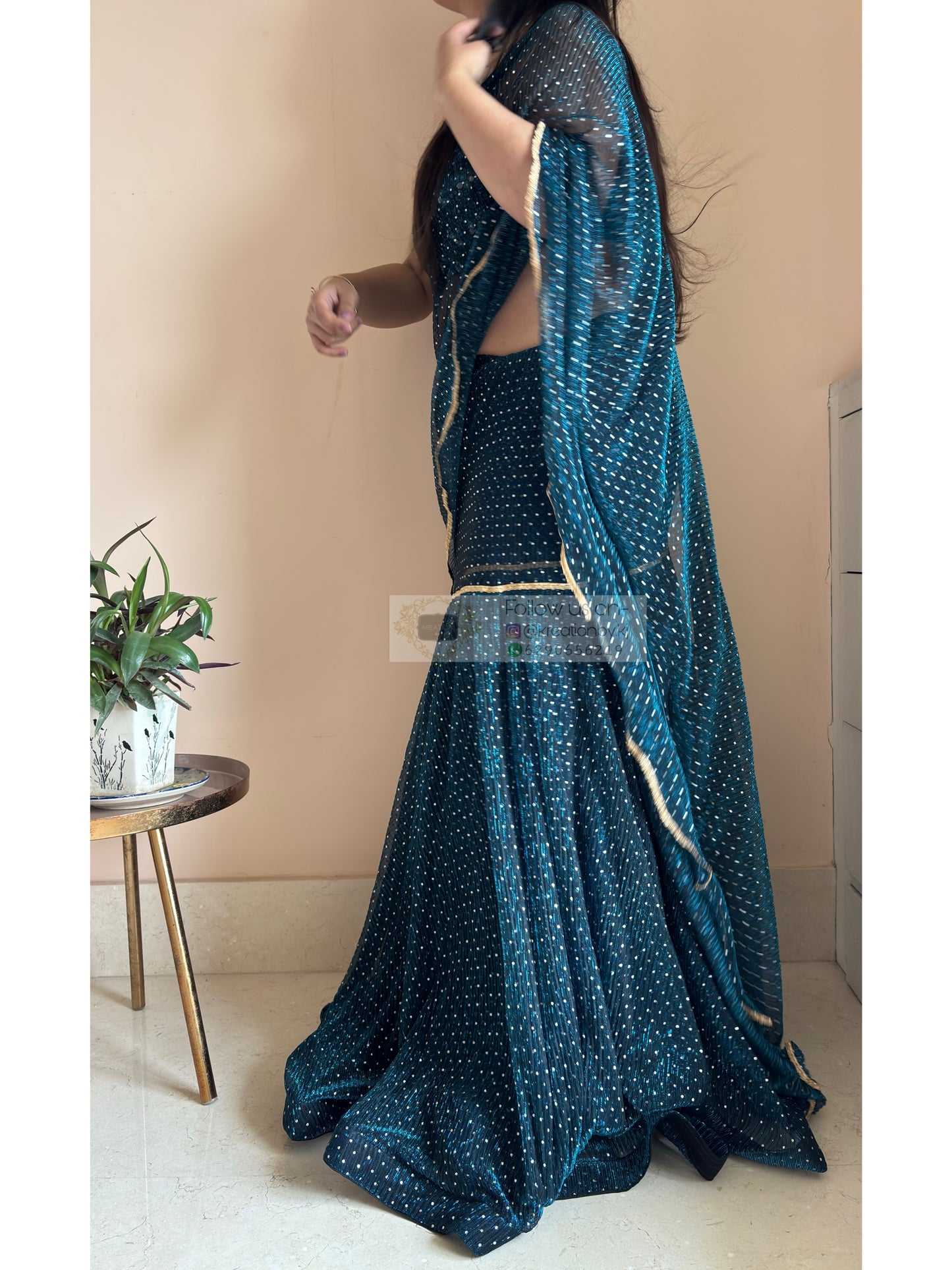 Blue Pleated Net Drape Lehenga Saree