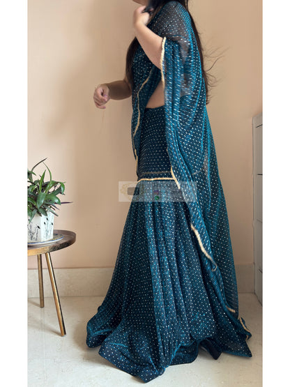 Blue Pleated Net Drape Lehenga Saree