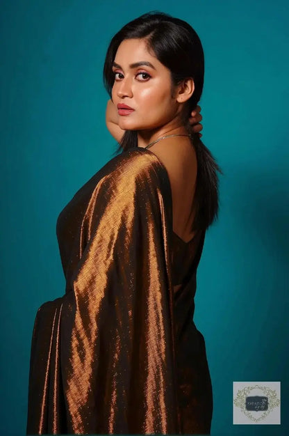 Copper Bronze Cotton Tissue Saree With Tassels in Pallu kreationbykj