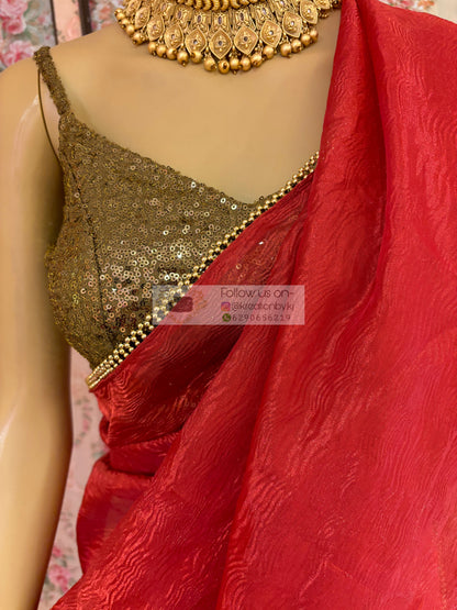 Red Crushed Tissue Saree with Golden Border