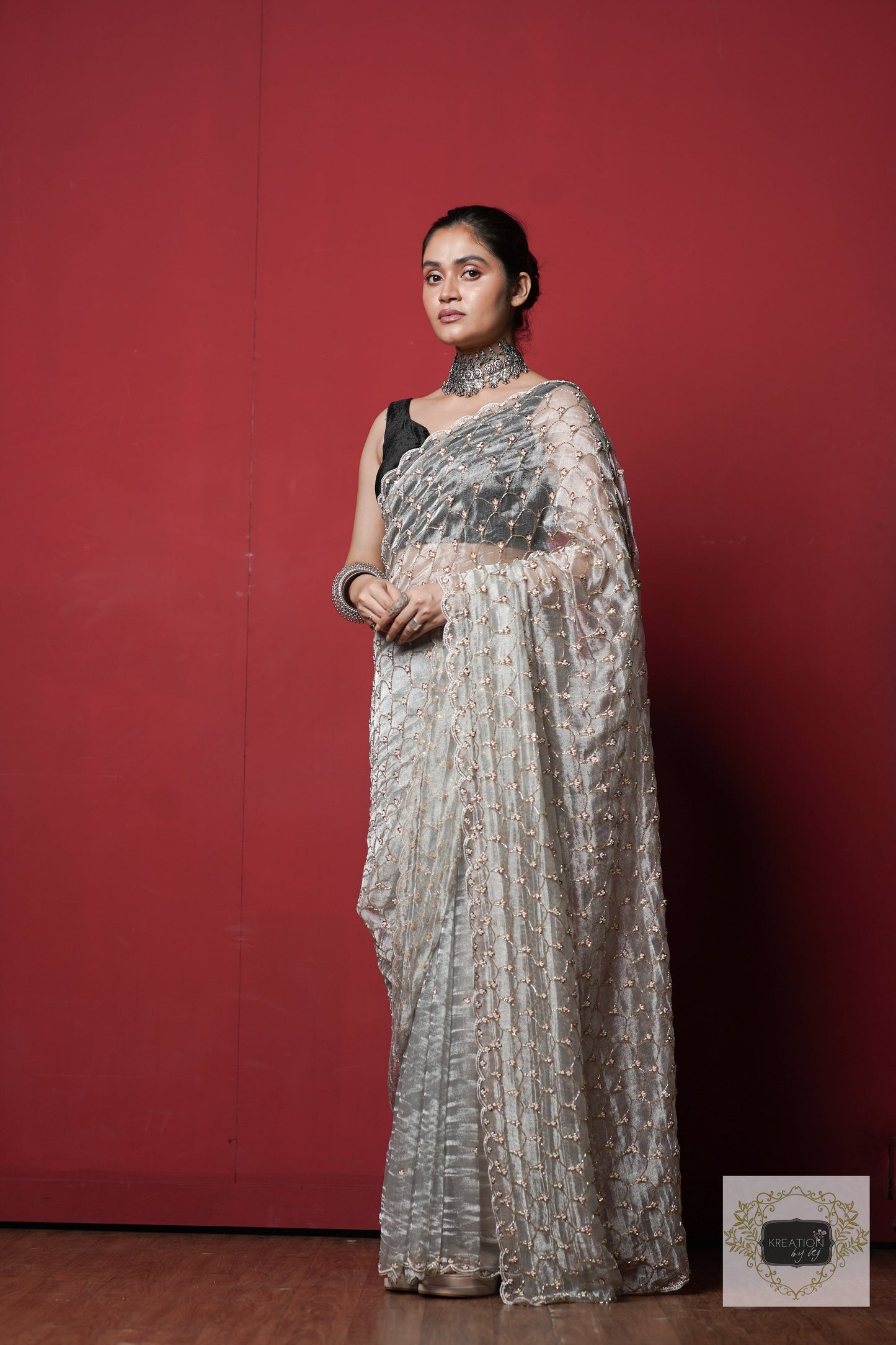 Silver Tissue Mehraab Jaal Saree