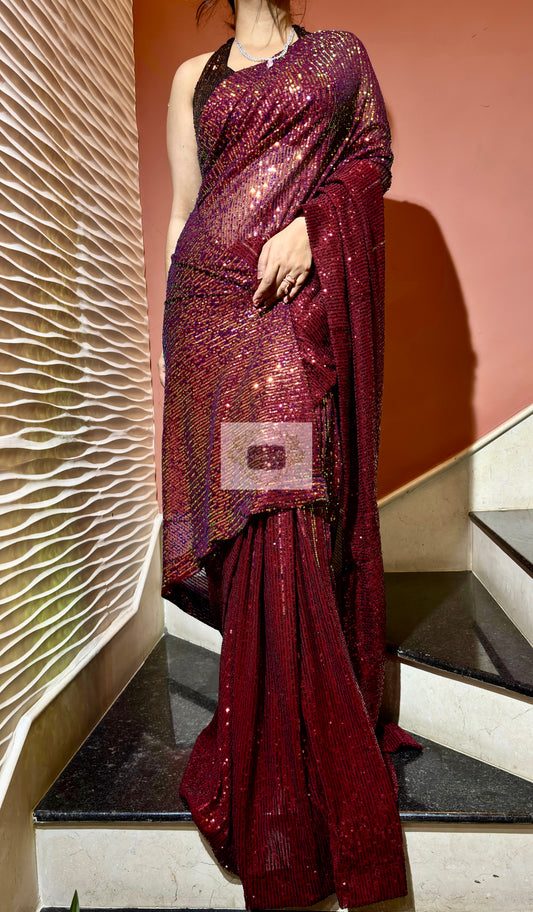 Maroon Sequins Starlit Vogue cocktail Saree - kreationbykj