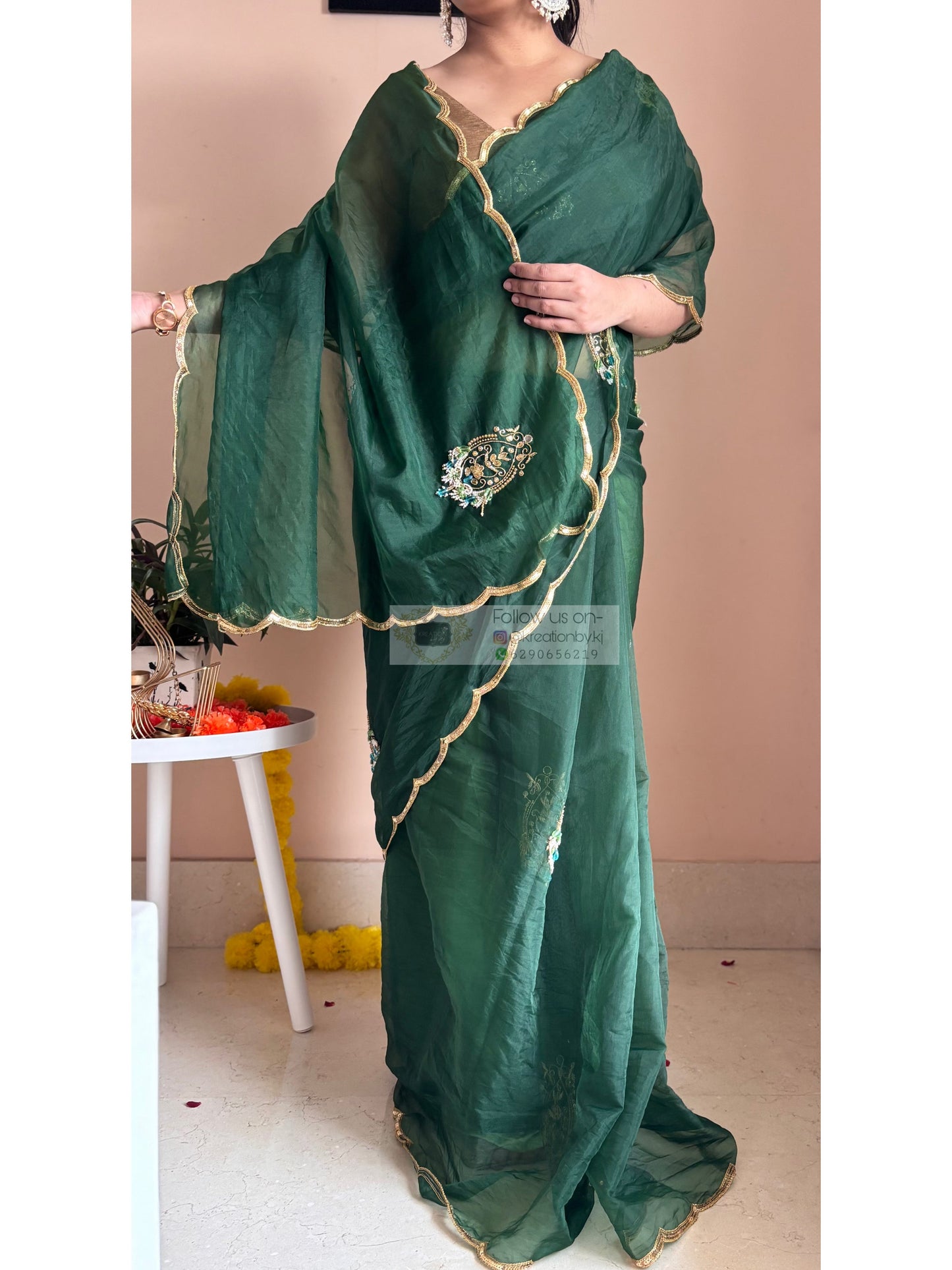 Scent of Yesterday Bottle Green Organza Saree Kreation by KJ