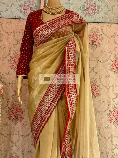 Beige Tissue Net Saree with Red Border