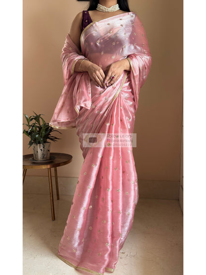 Peach Mettalic Chiffon Saree with Sequin Border kreationbykj