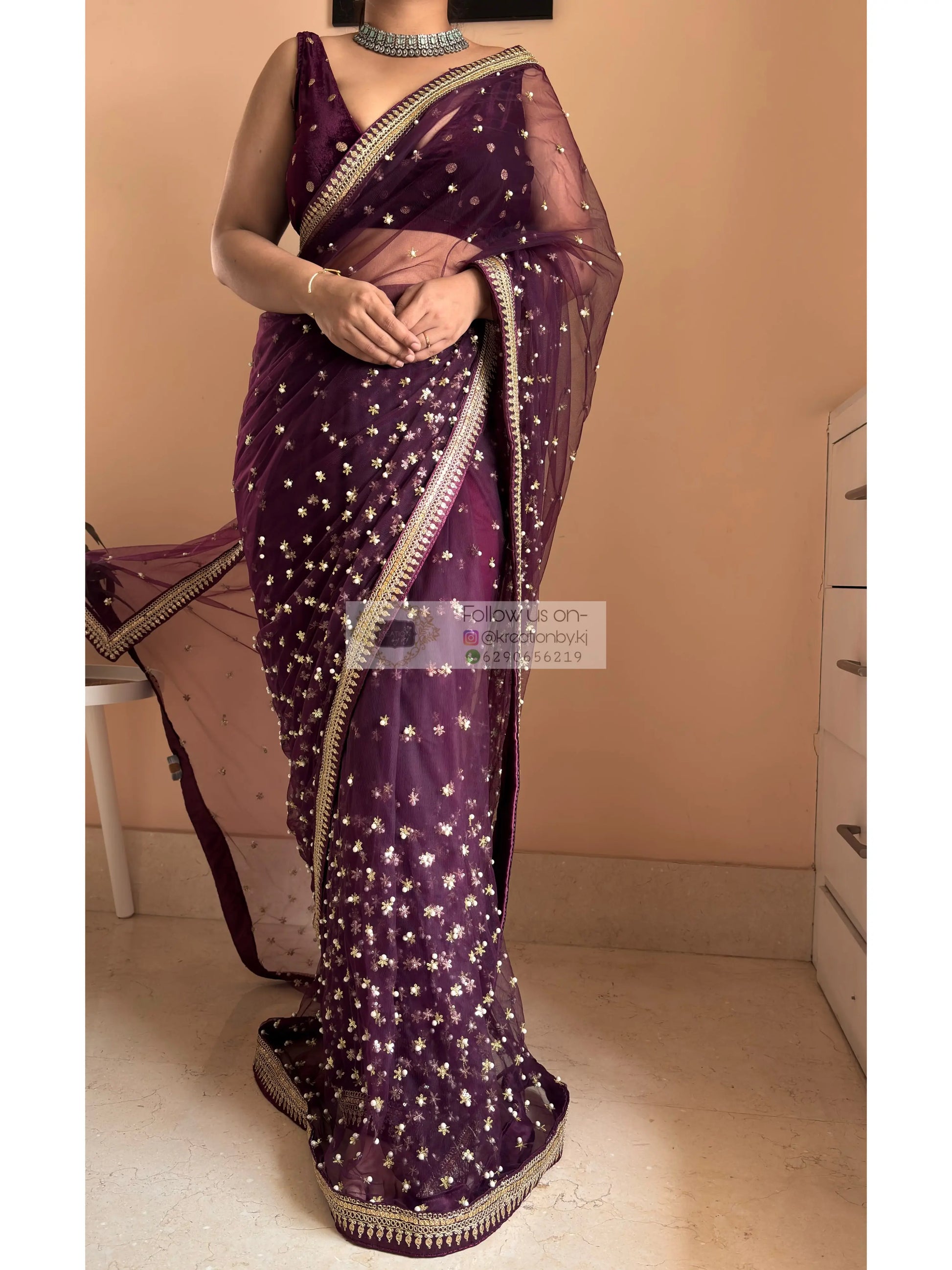 Wine Embellished Net Saree Kreation by KJ