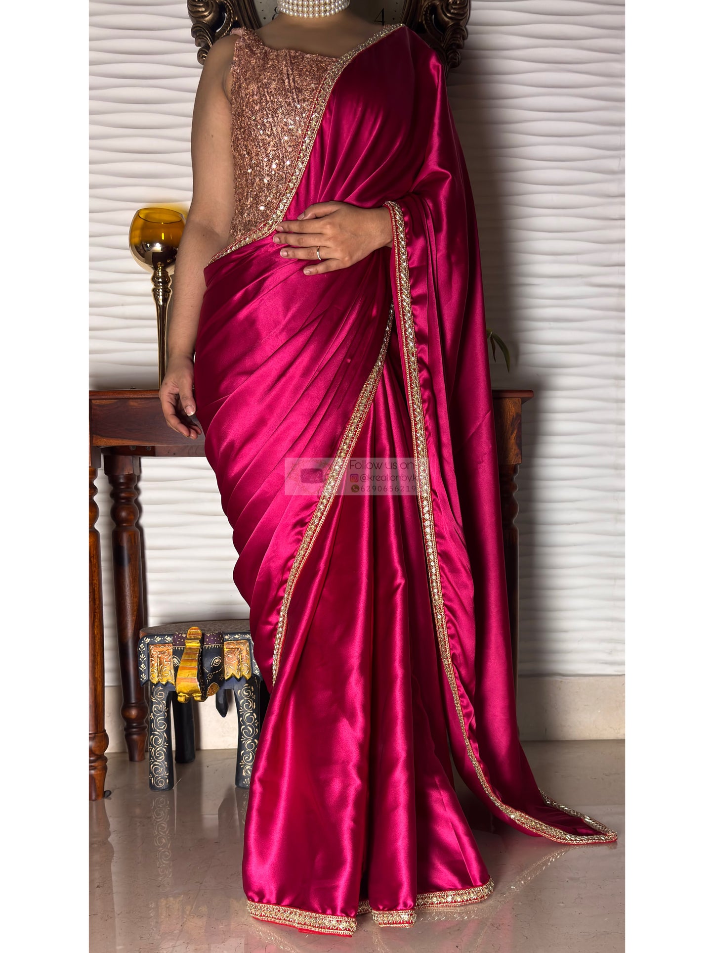 Hot Pink Satin Silk Cocktail Saree