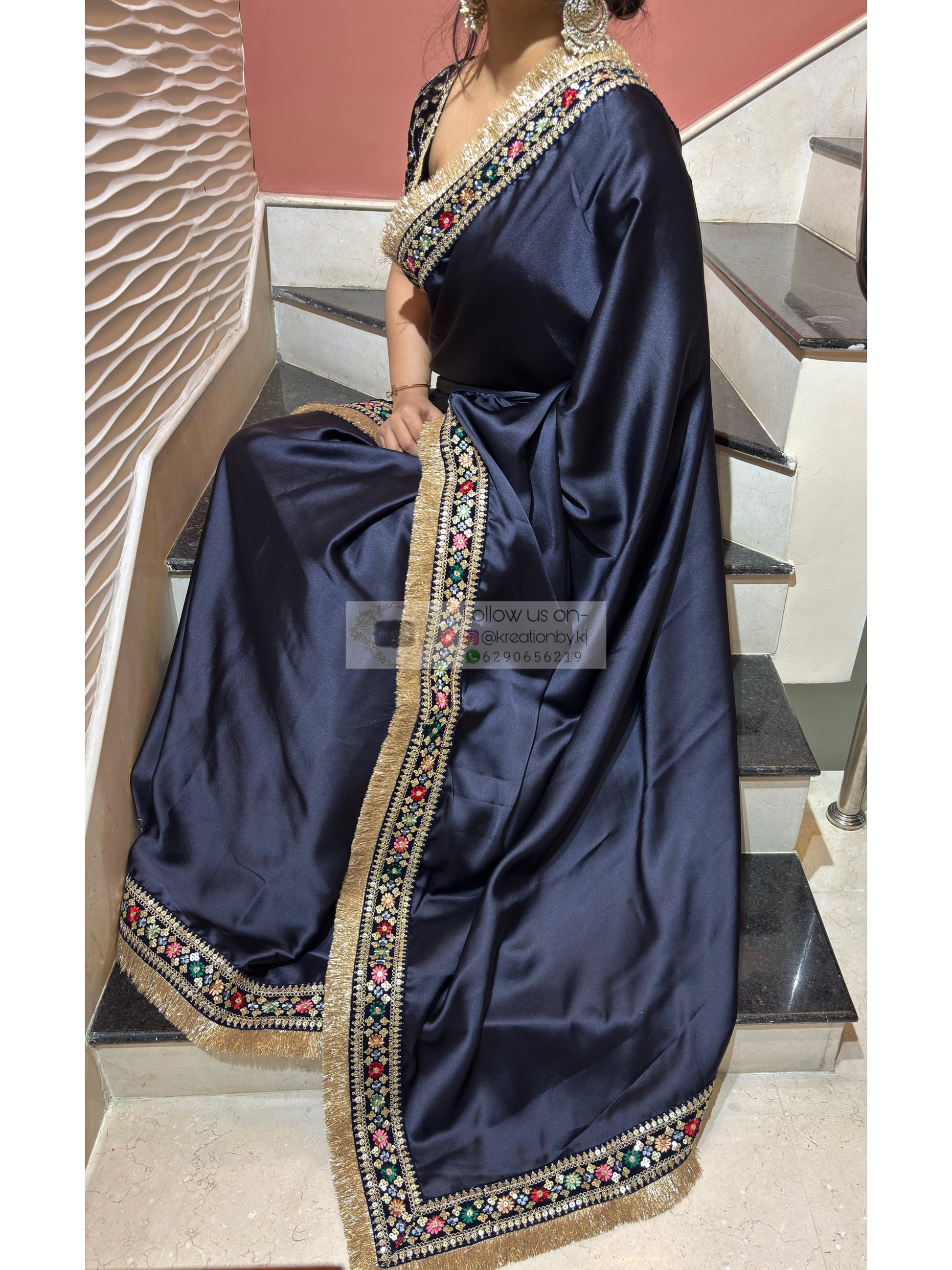 Navy Blue Satin Silk Floral Banno Saree kreationbykj