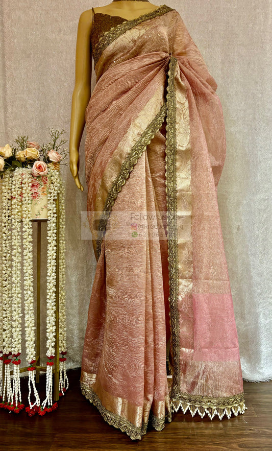 Onion Pink Designer Tissue Banarasi Saree kreationbykj