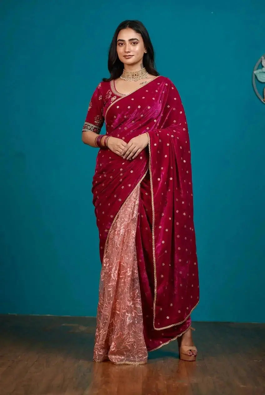 Half Magenta Pink Velvet And Net Embellished Saree Kreation by KJ