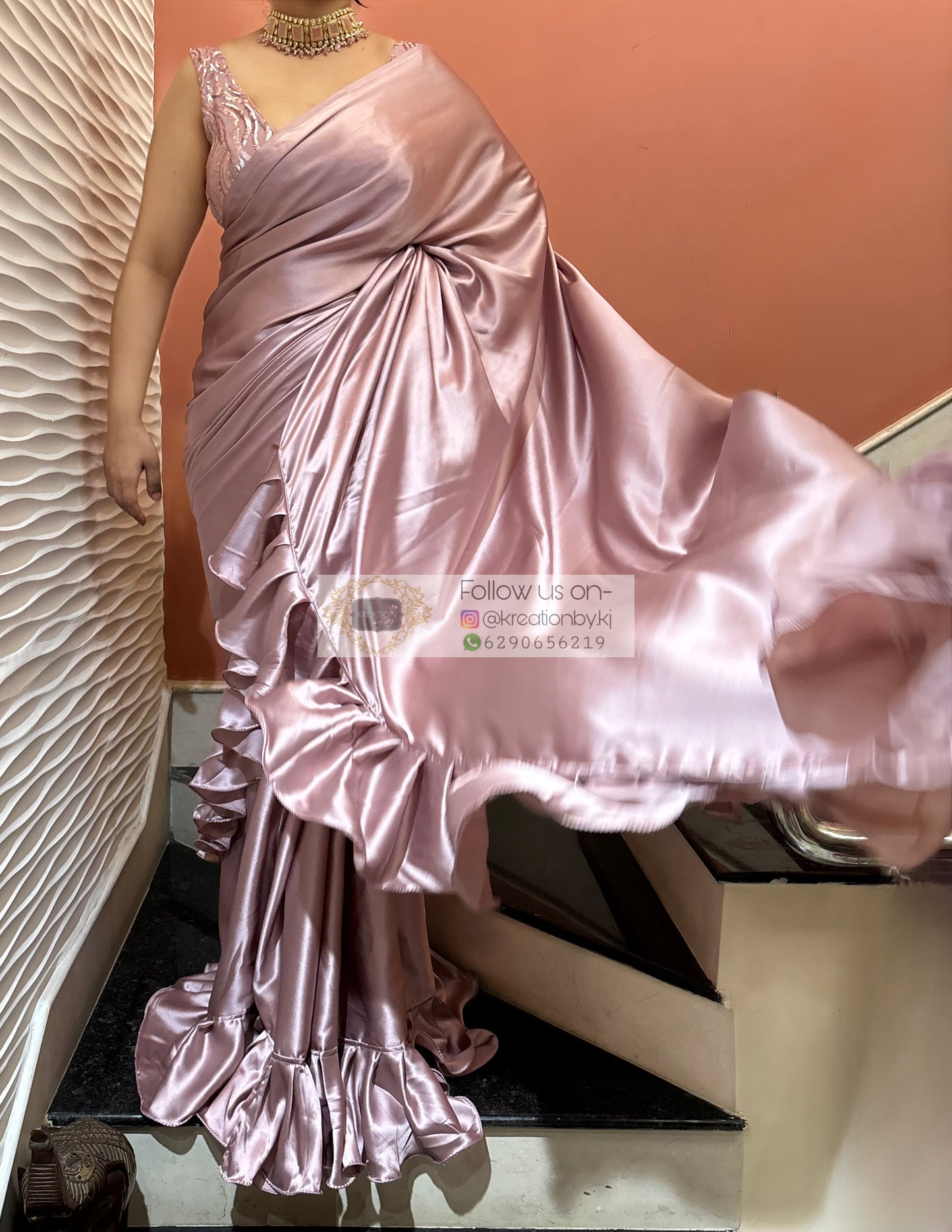 Dusk Mauve Satin Silk Ruffle Saree