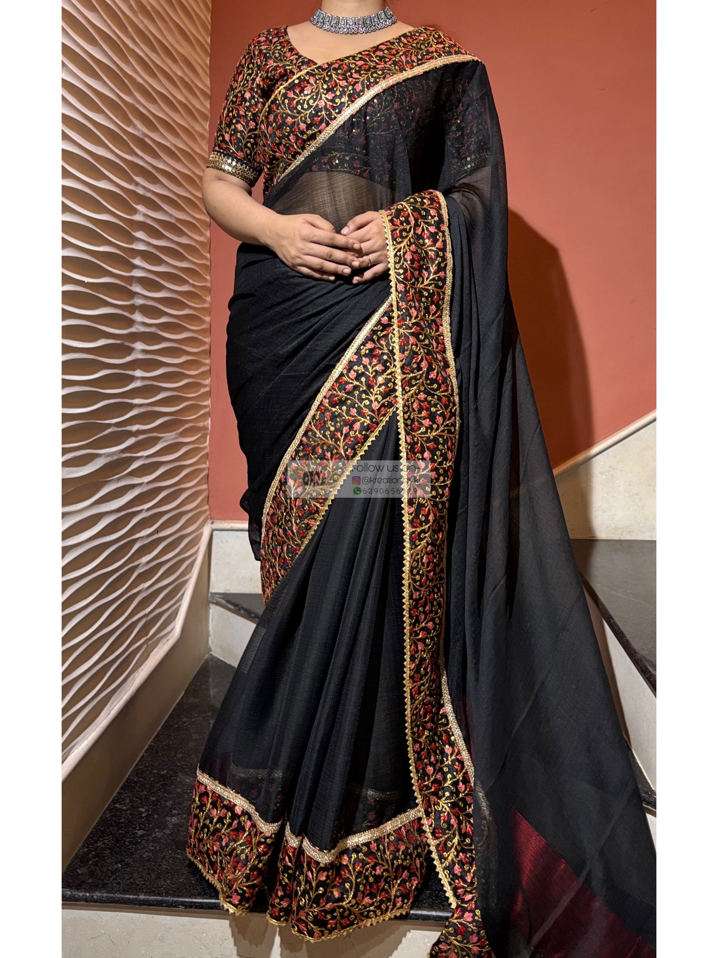 Black Crushed Chiffon Saree with Embellished Border