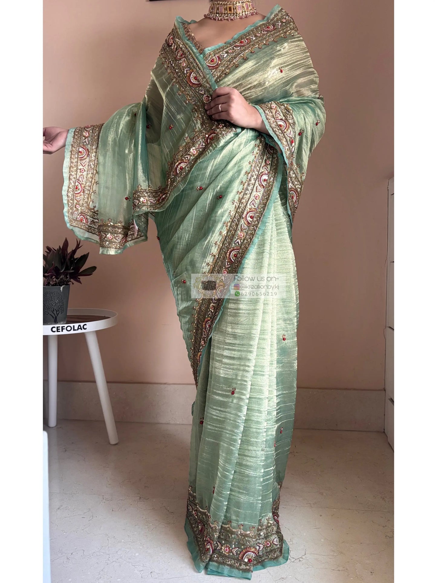 Green Tissue Saree with Hand embroidered Border Kreation by KJ