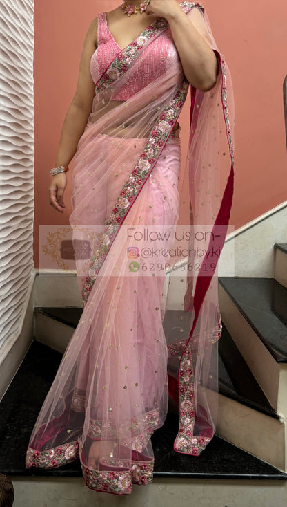 Pink Net Saree with Floral Border