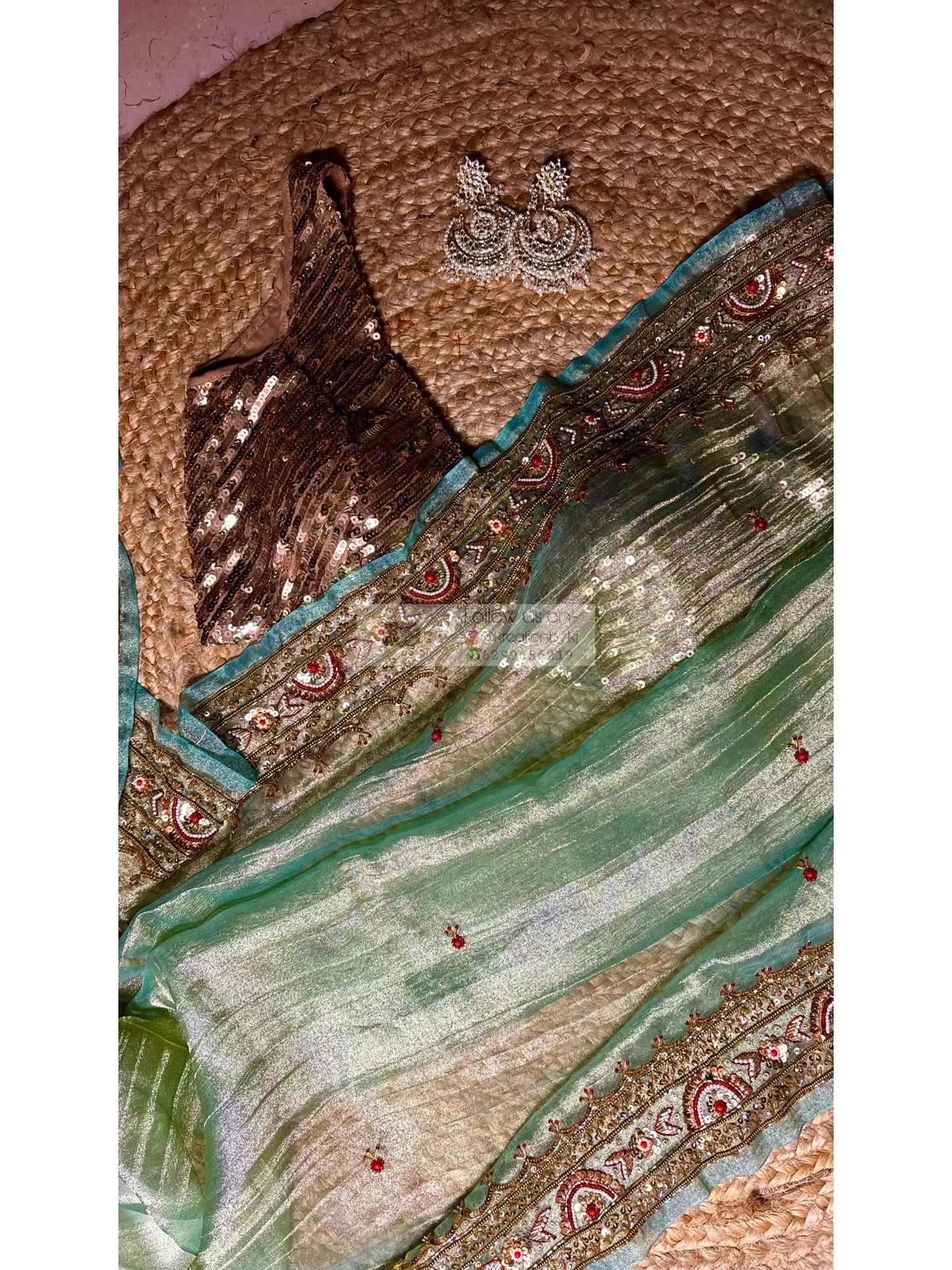 Crushed Green Tissue Saree With Hand embroidered Border
