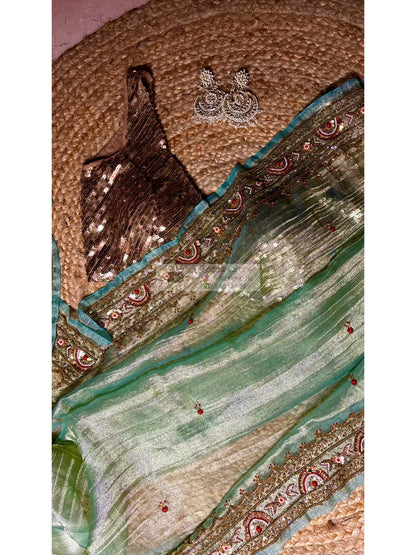 Crushed Green Tissue Saree With Hand embroidered Border