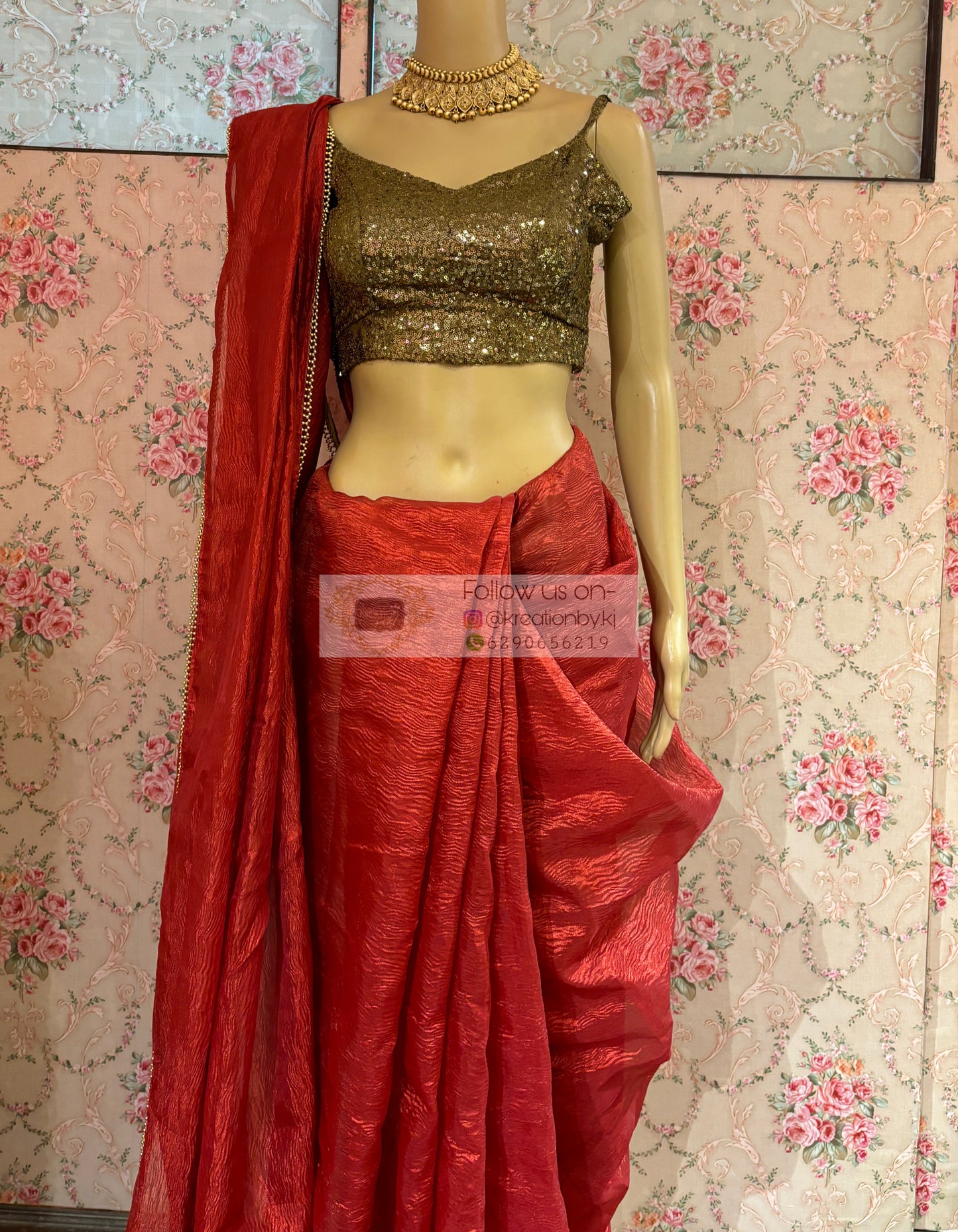 Red Crushed Tissue Saree with Golden Border