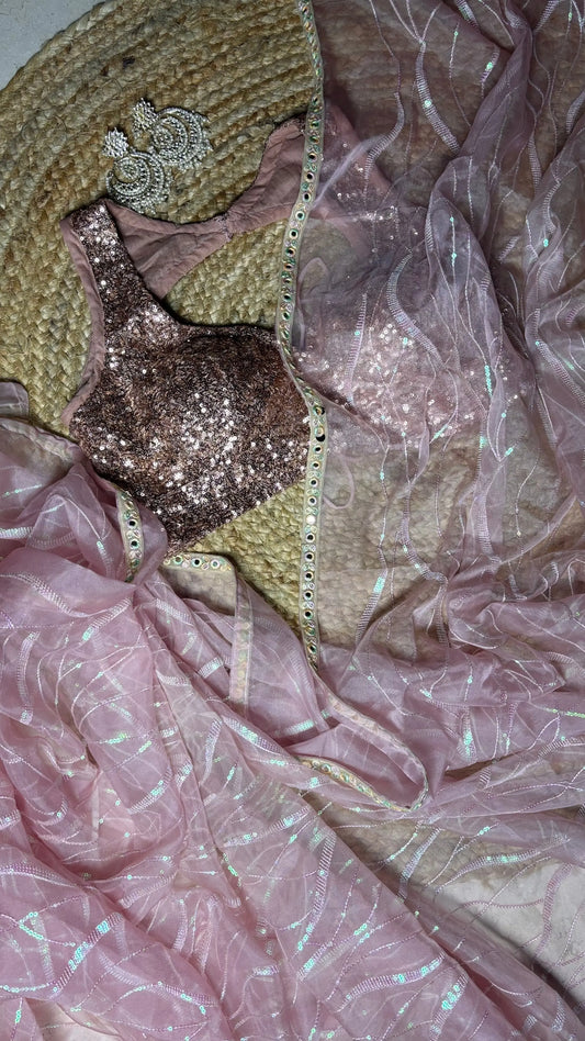 Pink Organza Saree with Sequin Work Kreation by KJ