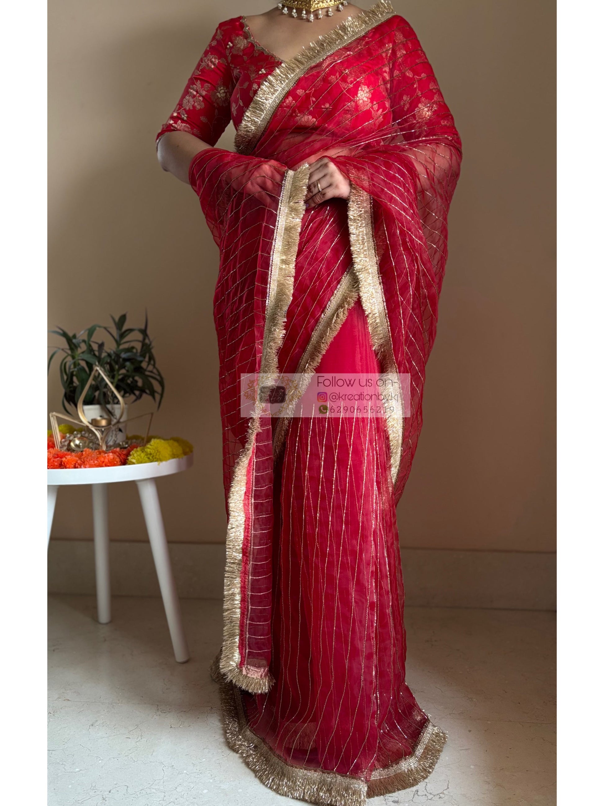 Red Noorani Banno Organza Saree Kreation by KJ