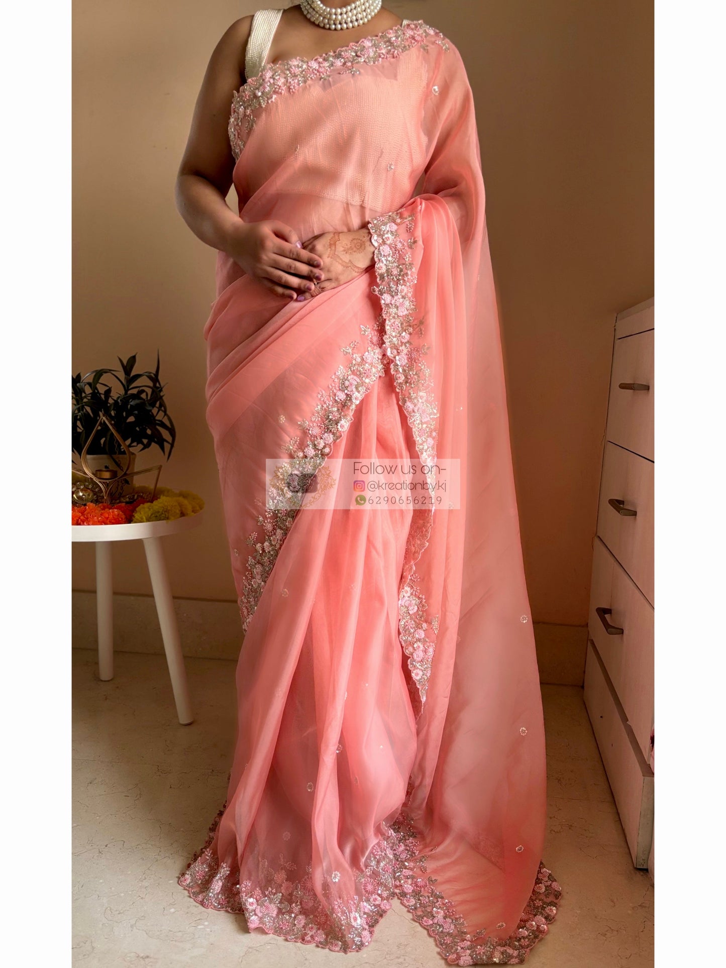 Peach Floral Haze Organza Saree Kreation by KJ