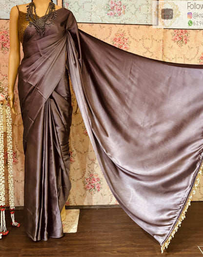 Purple Mauve Satin Silk Saree with Handmade Tassels on Pallu