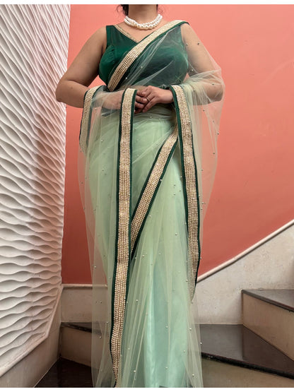 Pistachio Pearl Designer Net Saree With Pearl Border