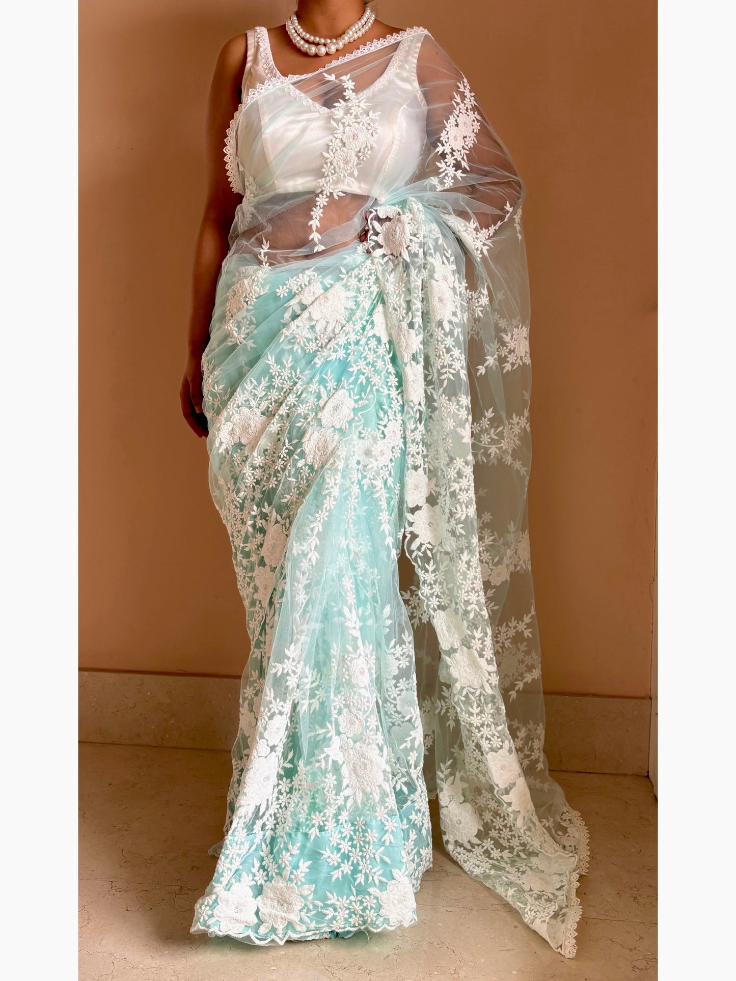 Seafoam Bloom Embellished Net Saree