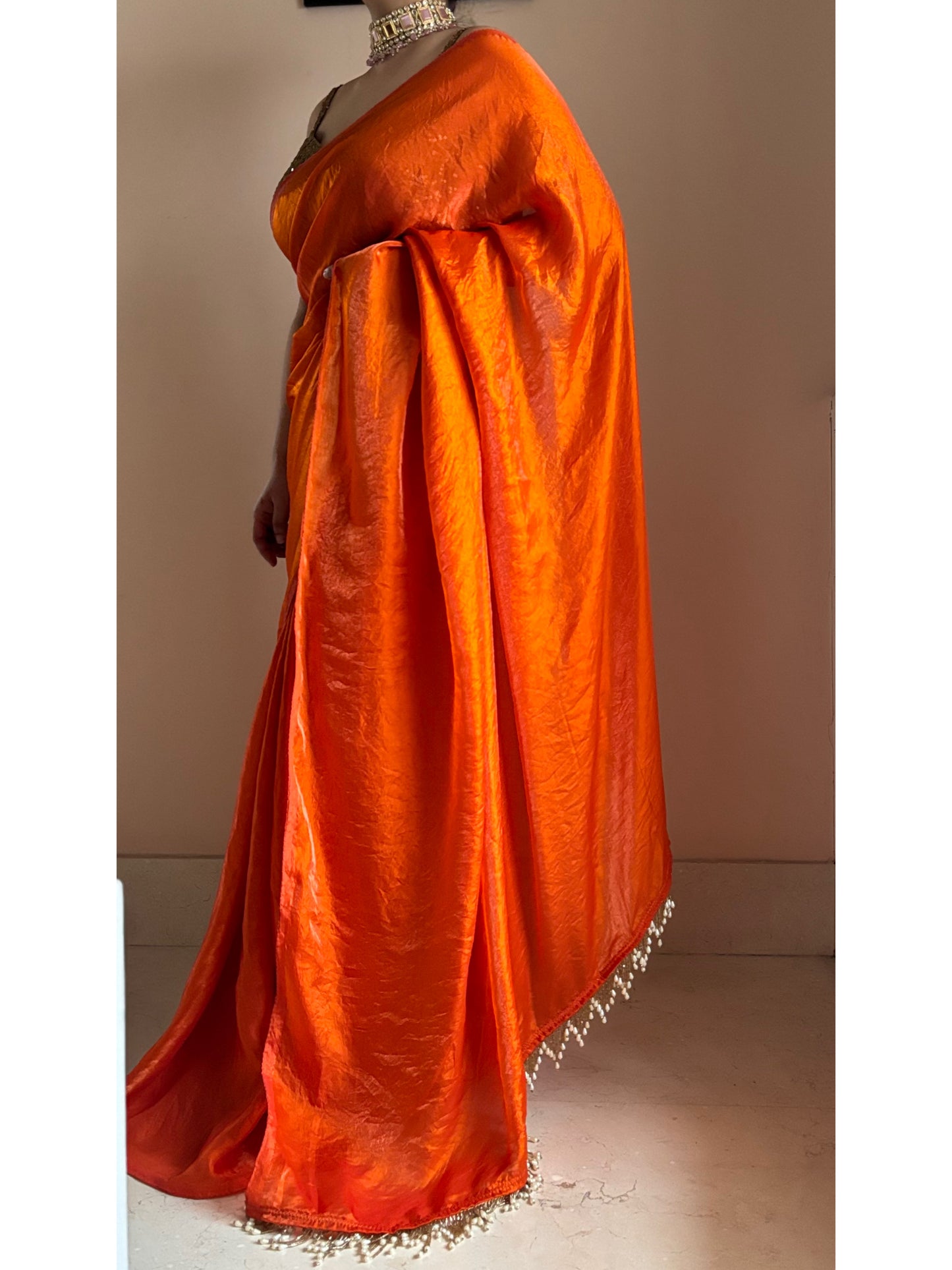 Fanta Orange Metallic Satin Saree