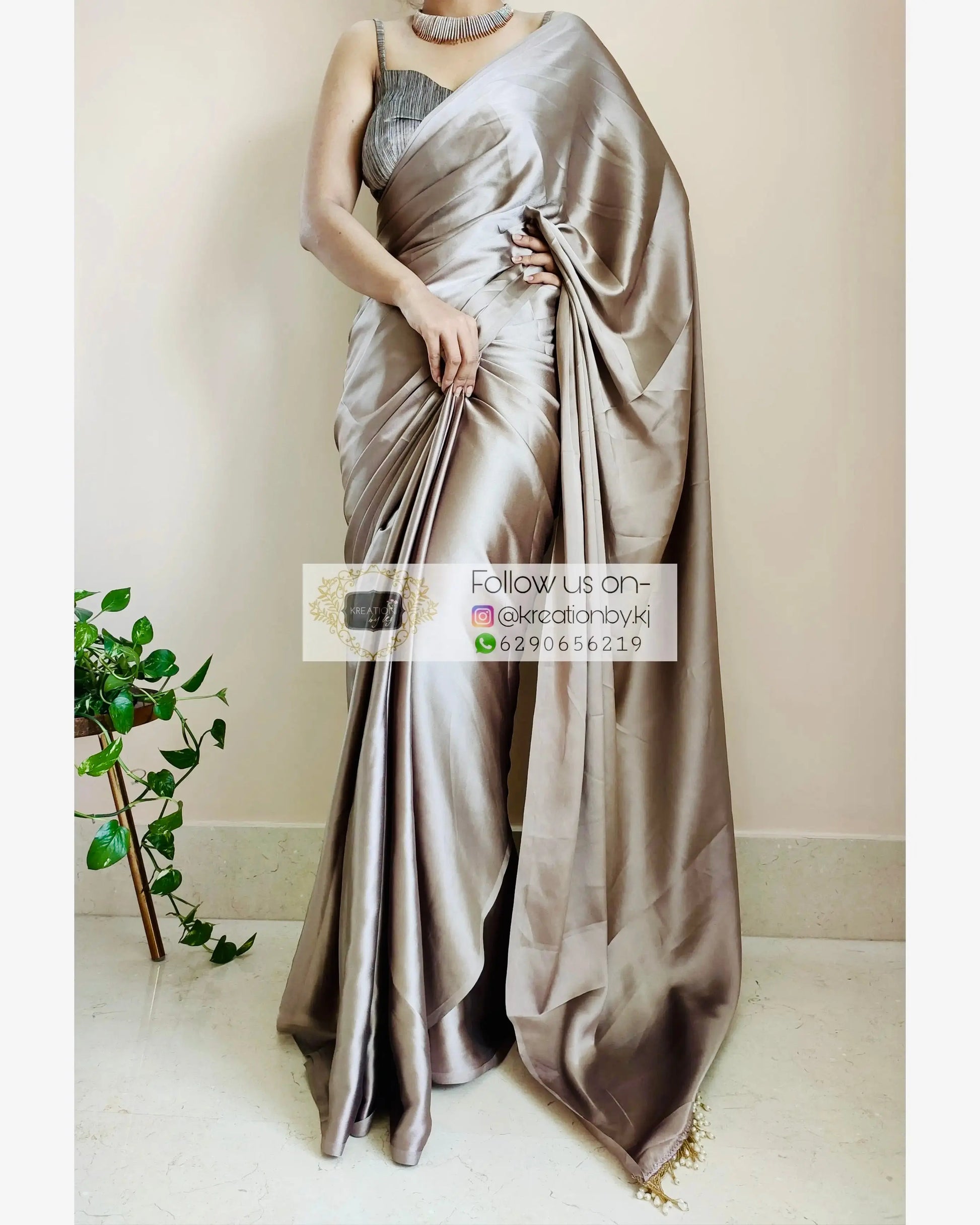 Mink Satin Silk Saree With Handmade Tassels On Pallu kreationbykj.in