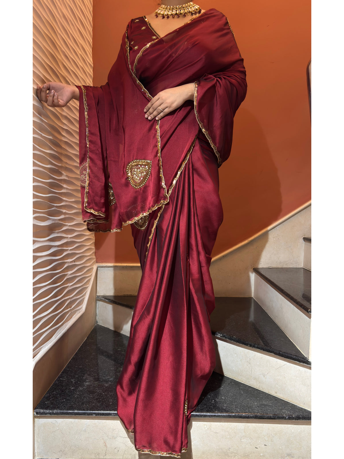 Raag Darbari Maroon Georgette Saree with Zardosi Work
