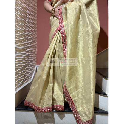 Golden Beige Crushed Tissue Saree with Red Border kreationbykj
