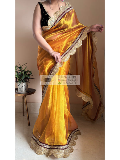 Fiery Gold Zari Tissue Mehraab Border Saree kreationbykj