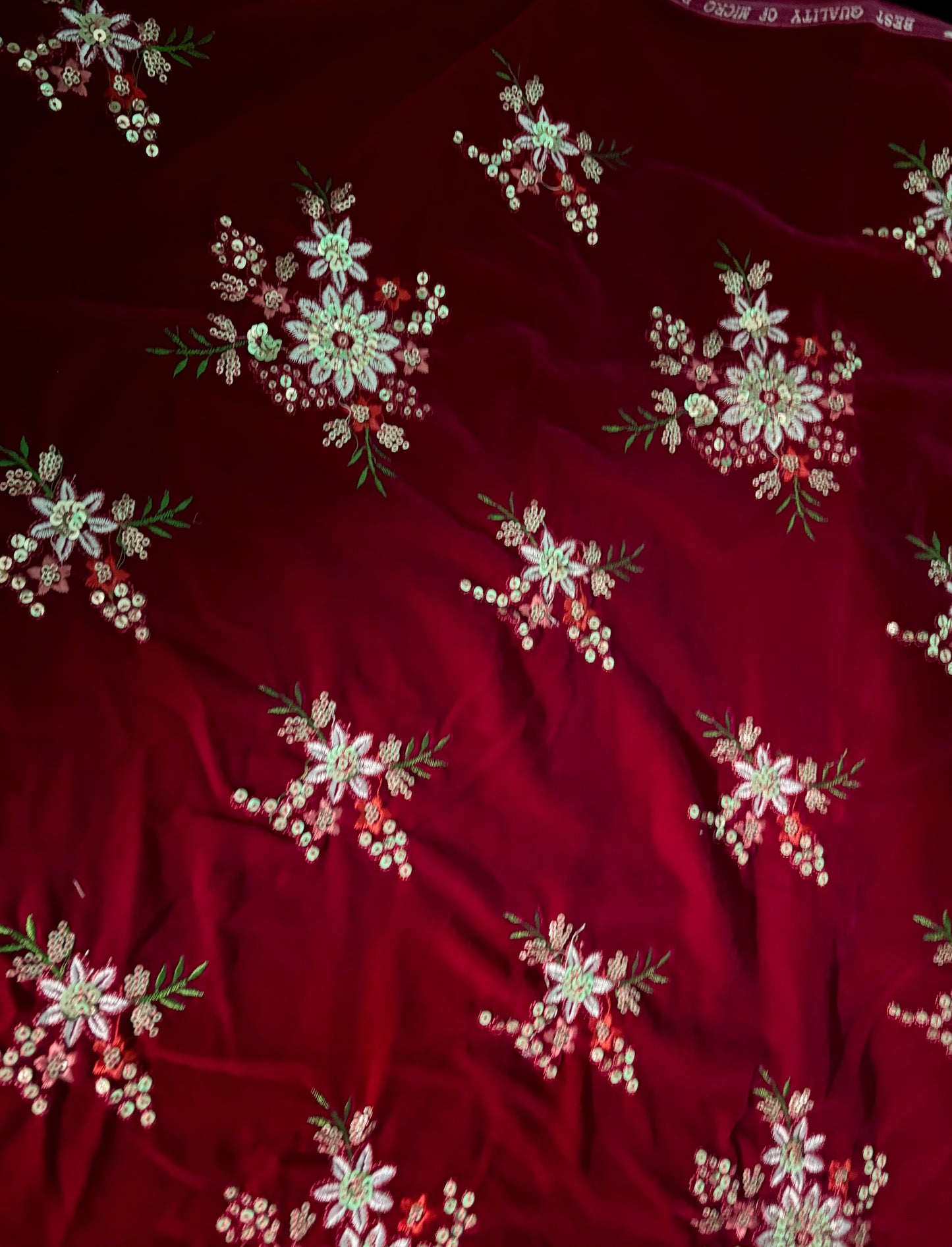 Fuchsia Pink Velvet Fabric with Floral Work