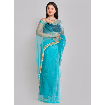 Sky Blue Glass Tissue Saree With Cutdana Tassels