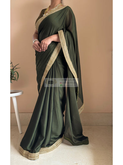 Olive Green Georgette Saree with Golden Border Kreation by KJ