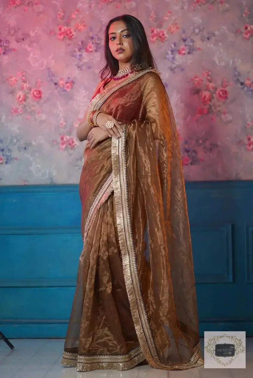 Copper Brown Glass Tissue Banno Saree kreationbykj