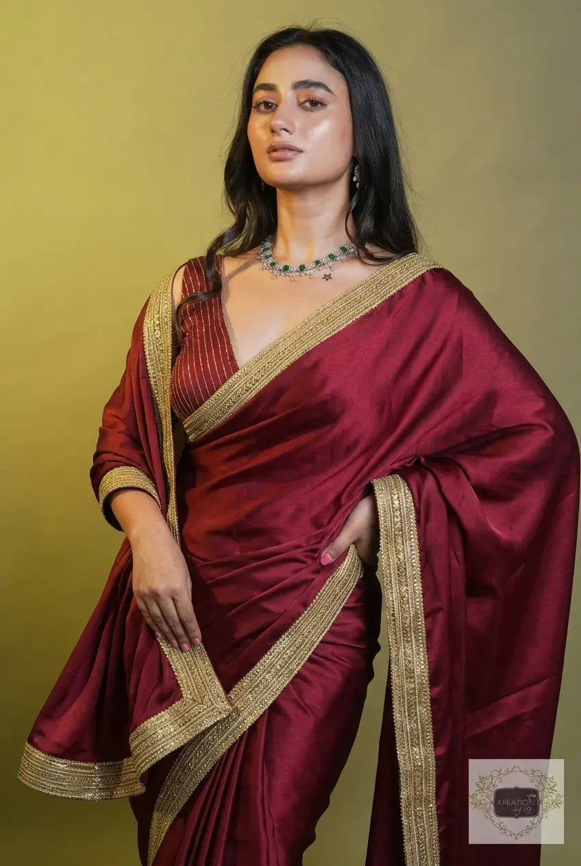 Maroon Georgette Saree with Golden Border kreationbykj