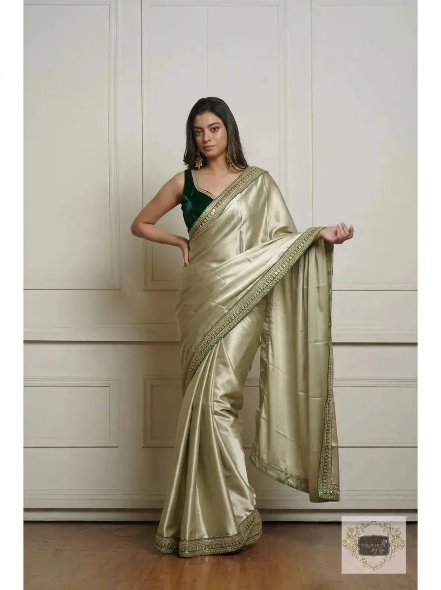 Champagne Green Satin Silk Saree with Green Border Kreation by KJ