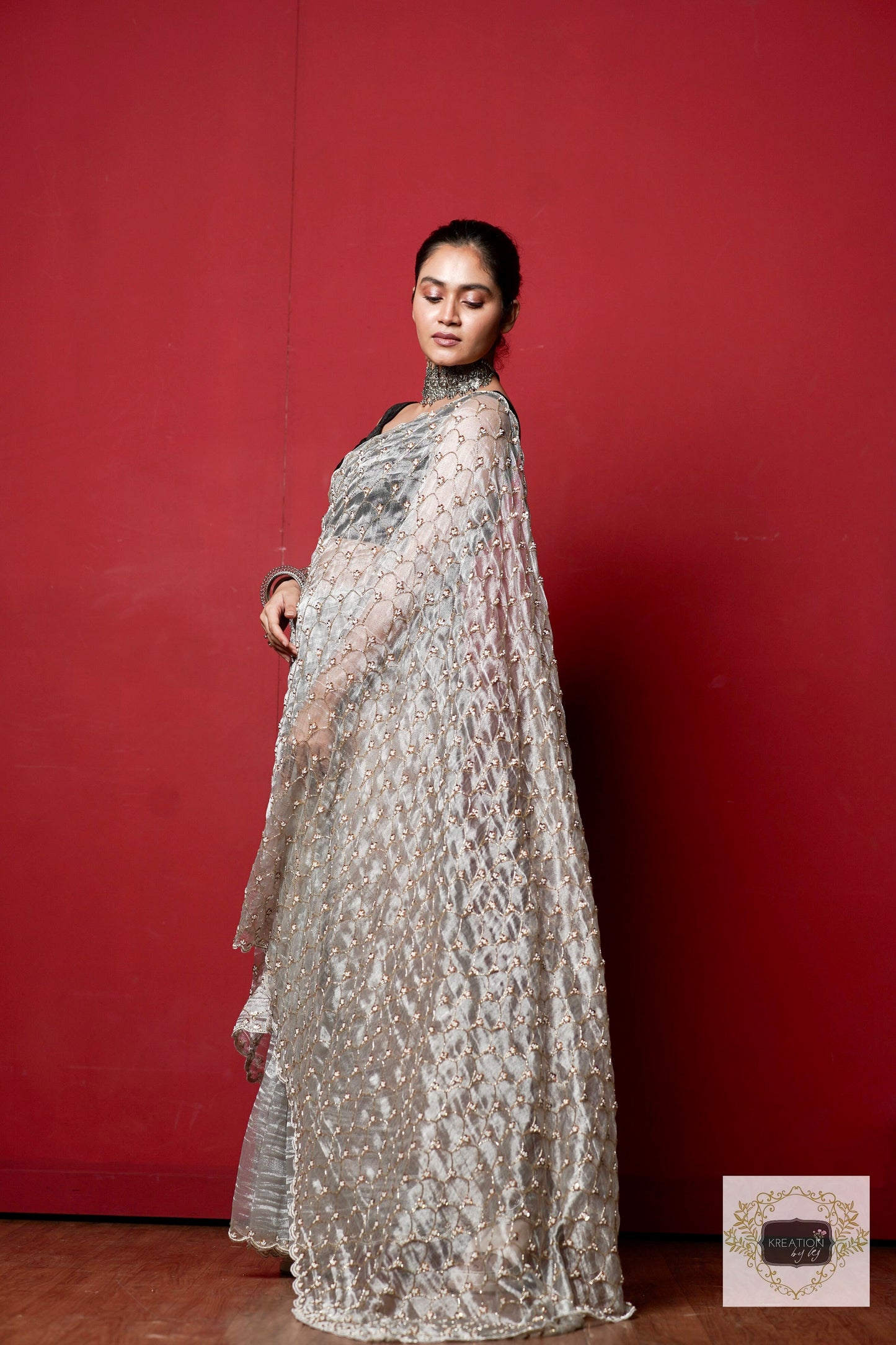 Silver Tissue Mehraab Jaal Saree