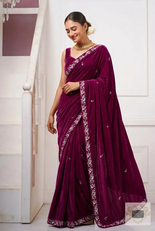 Purple Wine Velvet Chandani Saree with Cutdana Work Kreation by KJ