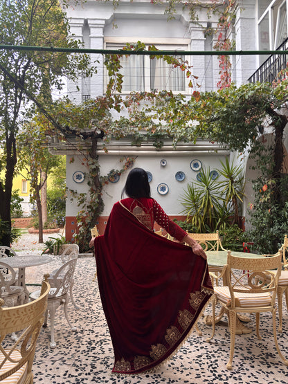 Maroon Velvet Taj Mahal Saree