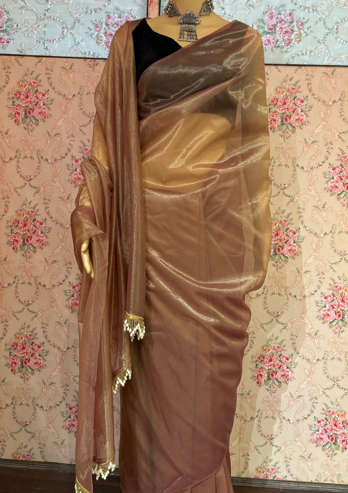 Rose Beige Tissue Net Saree