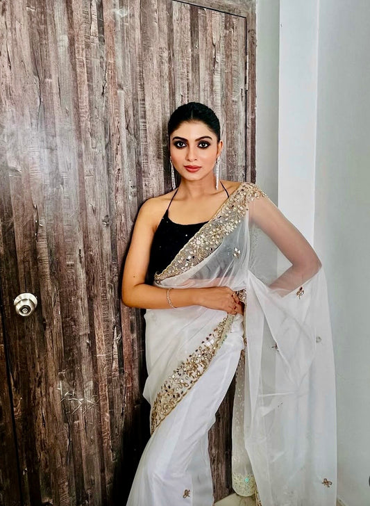 White Organza Sheesh Mahal Saree