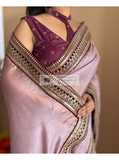 Mauve Pink Net Saree With Wine Border Kreation by KJ