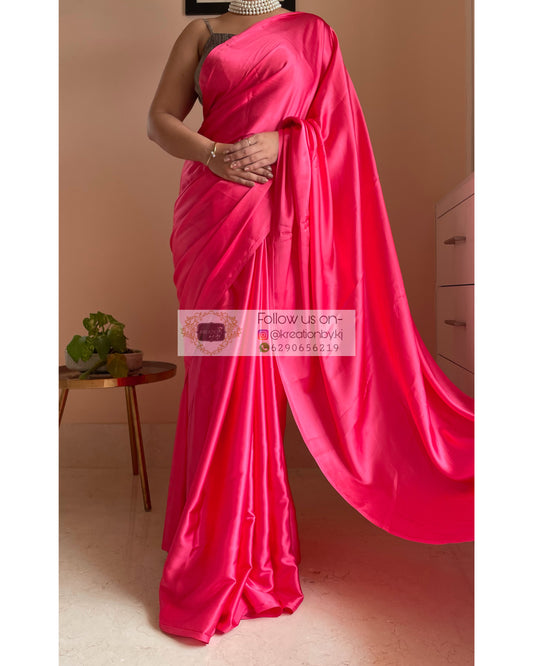 Flamingo Pink Satin Silk Saree with Handmade Tassels on Pallu