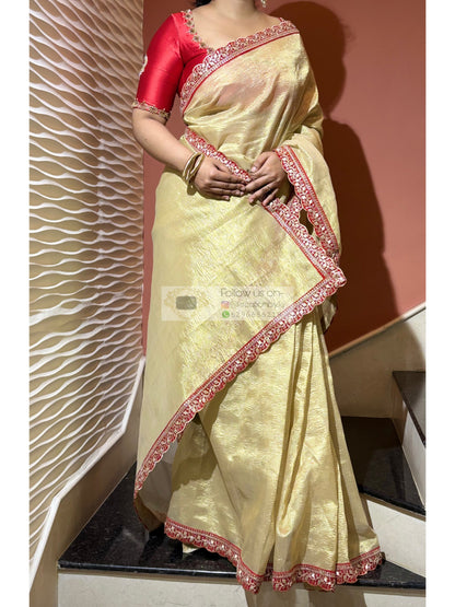 Golden Beige Crushed Tissue Saree with Red Border kreationbykj